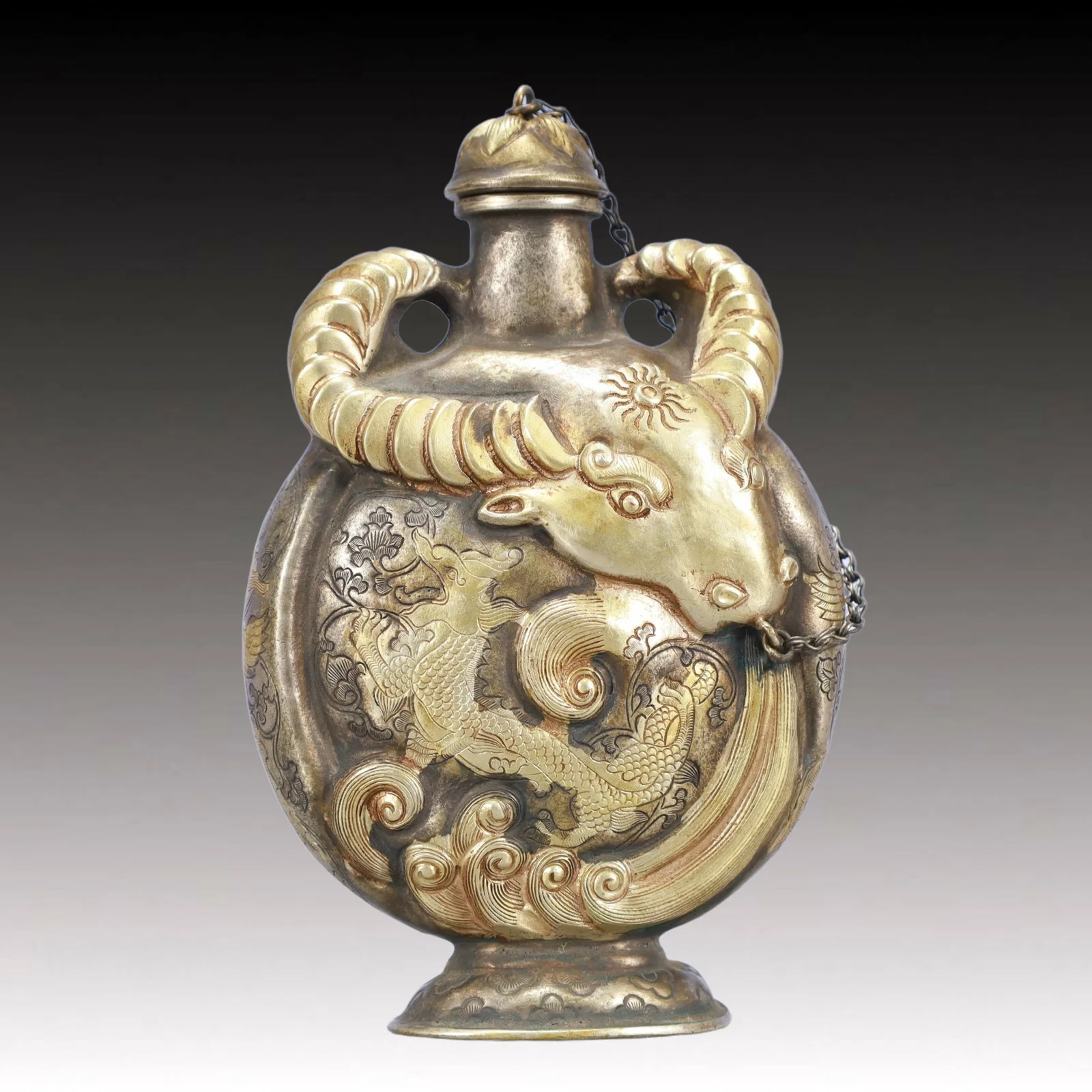 A Rare Gilt Silver Buffalo Pattern Snuff Bottle