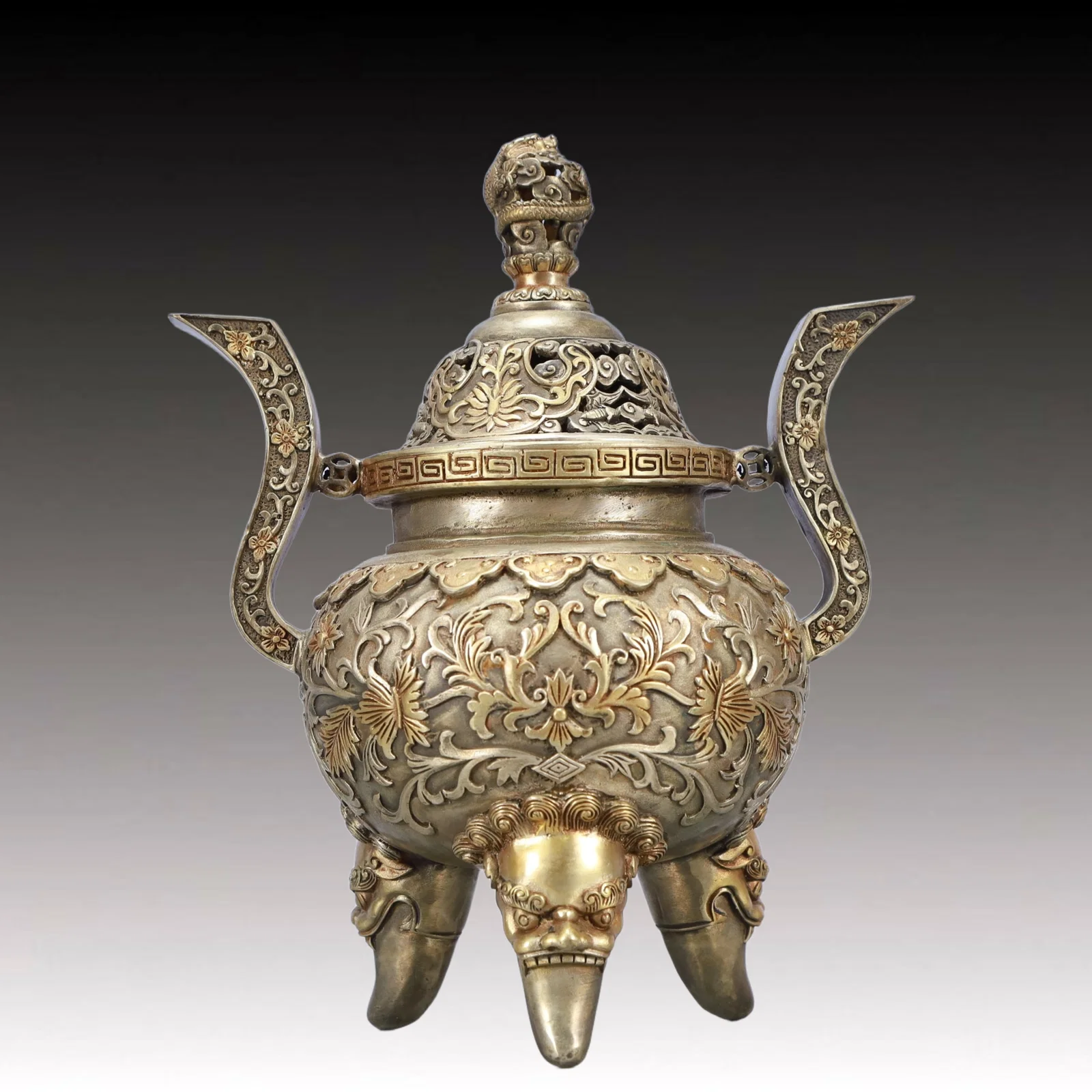 A Rare Gilt Silver Lotus Pattern Double-Ears and Tripod Censer