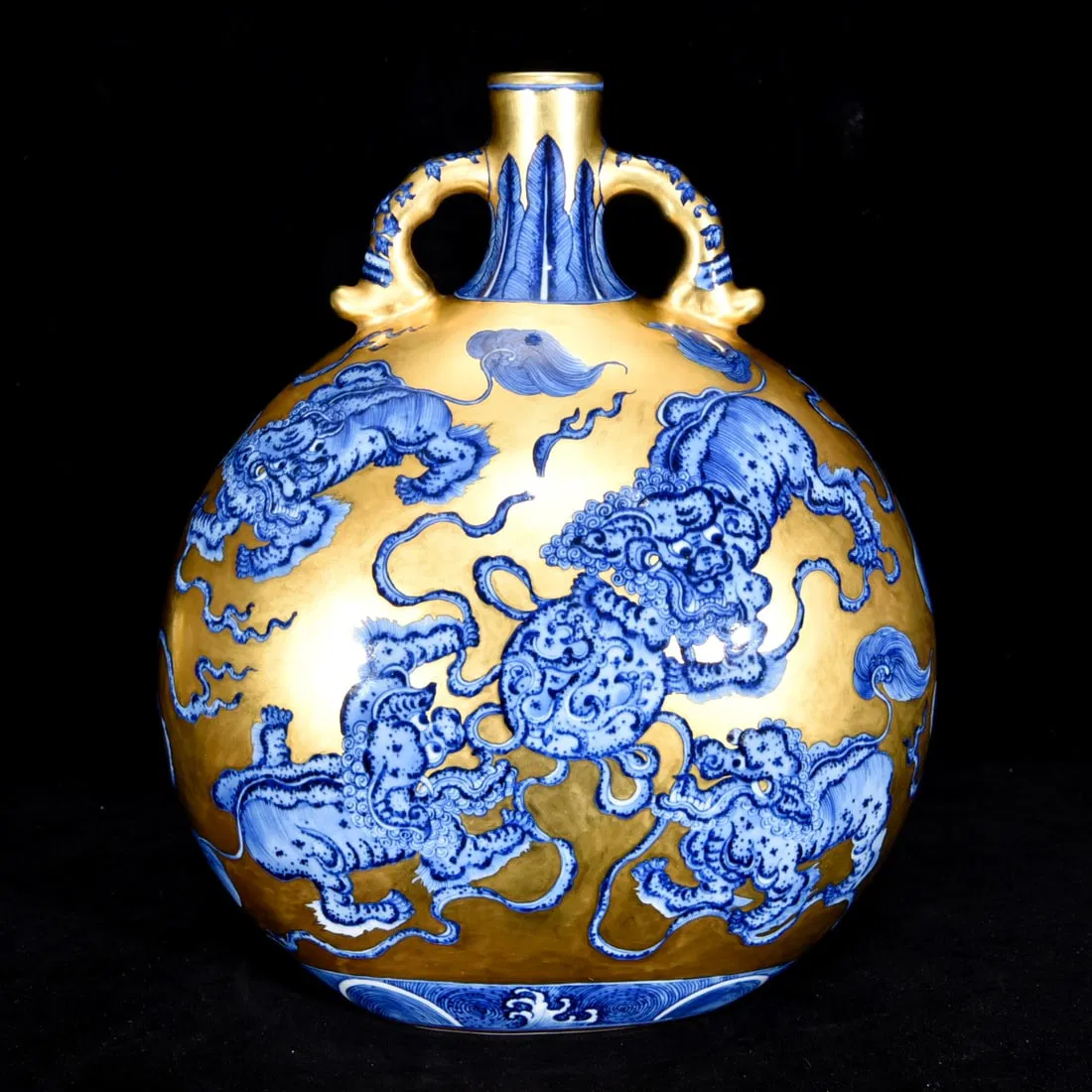 A Rare Gold Ground Blue and White Lion Pattern Double-Ears Vase