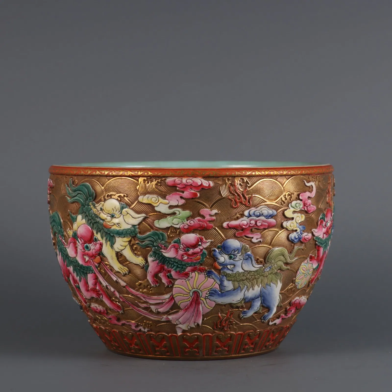 A Rare Gold Ground Carved Sea Water Color Lion Playing with Ball Pattern Vat