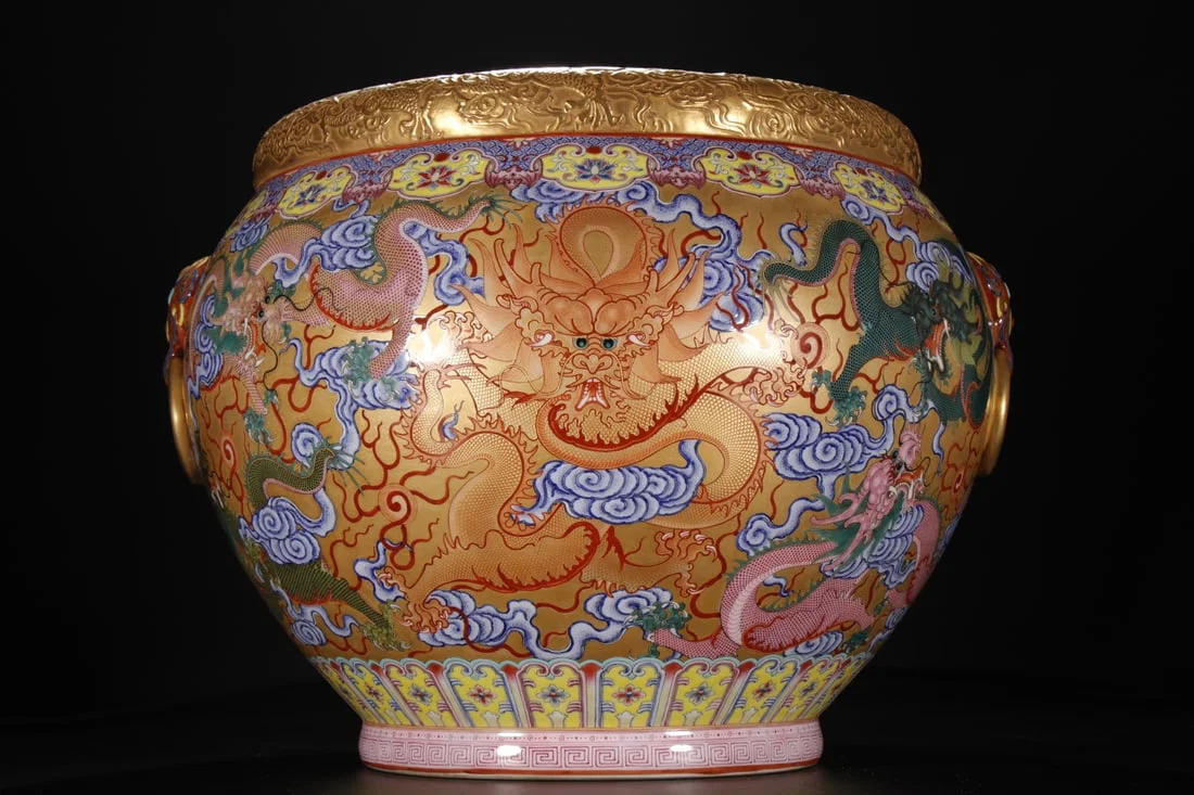 A Rare Gold Ground Enamel Auspicious Cloud and Dragon Pattern Beast-Ears Vat