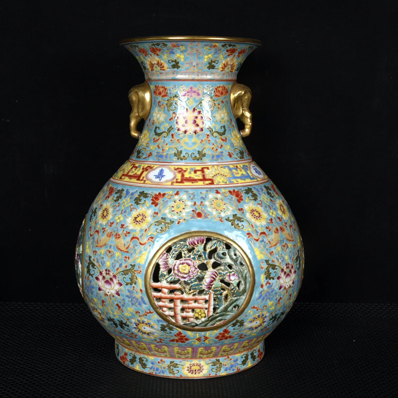 A Rare Green Ground Enamel Lotus Pattern Elephant-Ears Vase