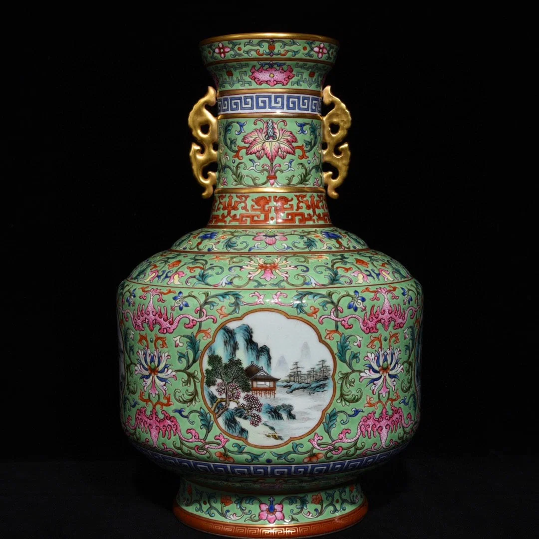 A Rare Green Ground Famille-Rose Painted Gold Lotus,Landscape and Figure Pattern Double-Ears Vase
