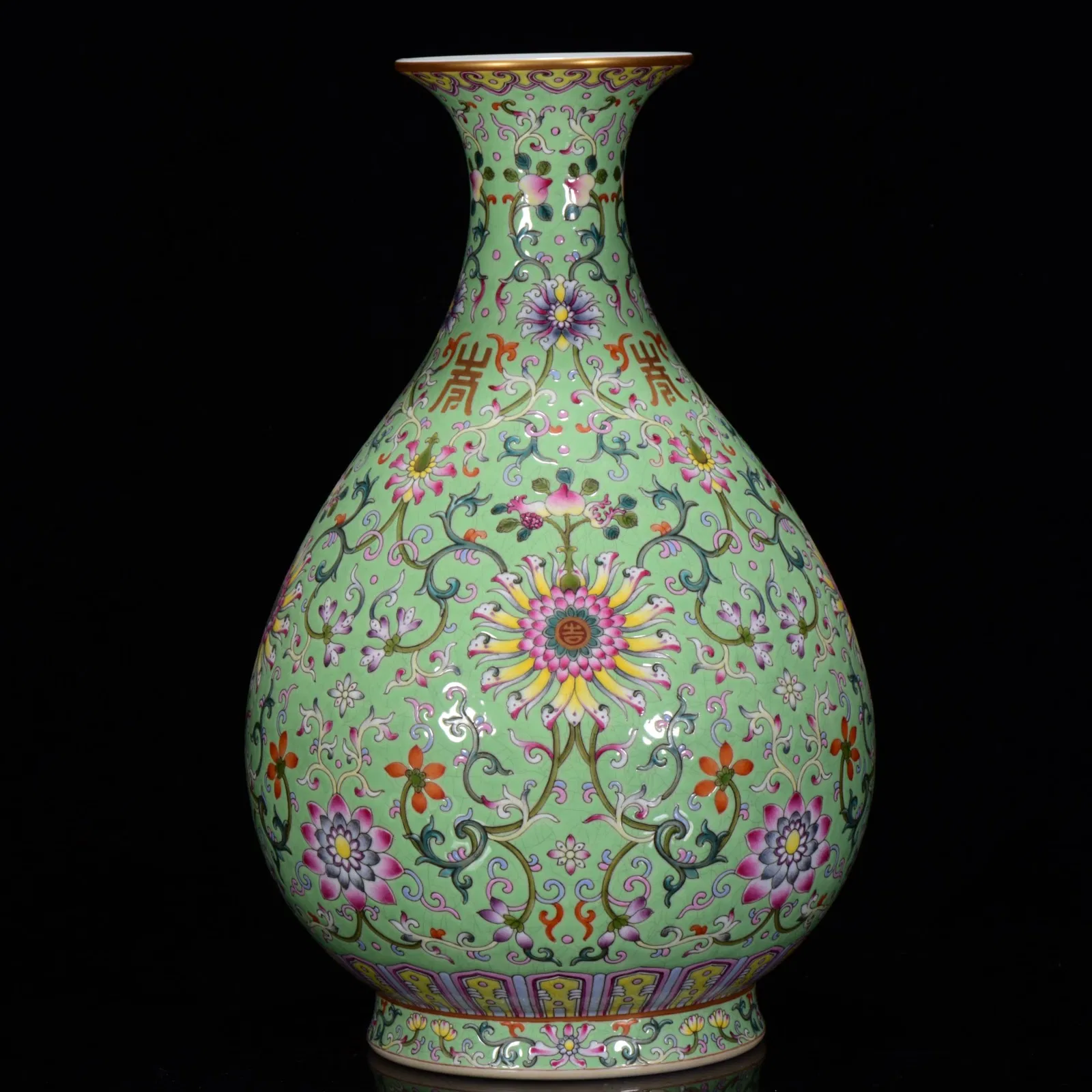 A Rare Green Ground Famille-Rose Painted Gold Lotus Pattern Vase