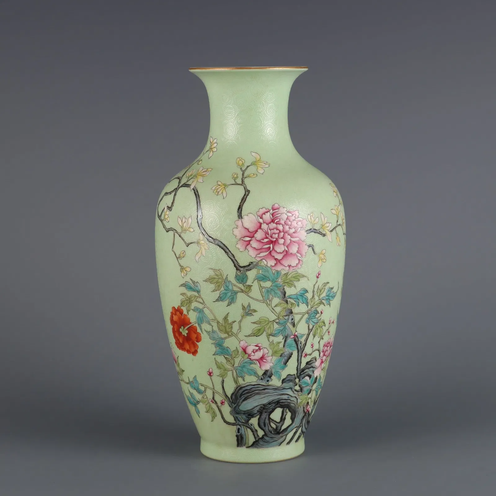 A Rare Green Ground Famille Rose Peony Pattern Vases