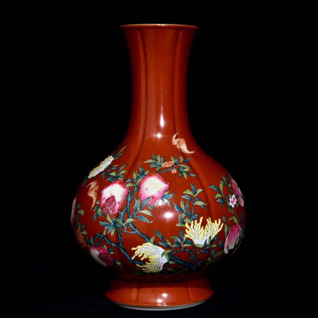 A Rare Iron-Red Famille-Rose Bats and Peach Pattern Vase
