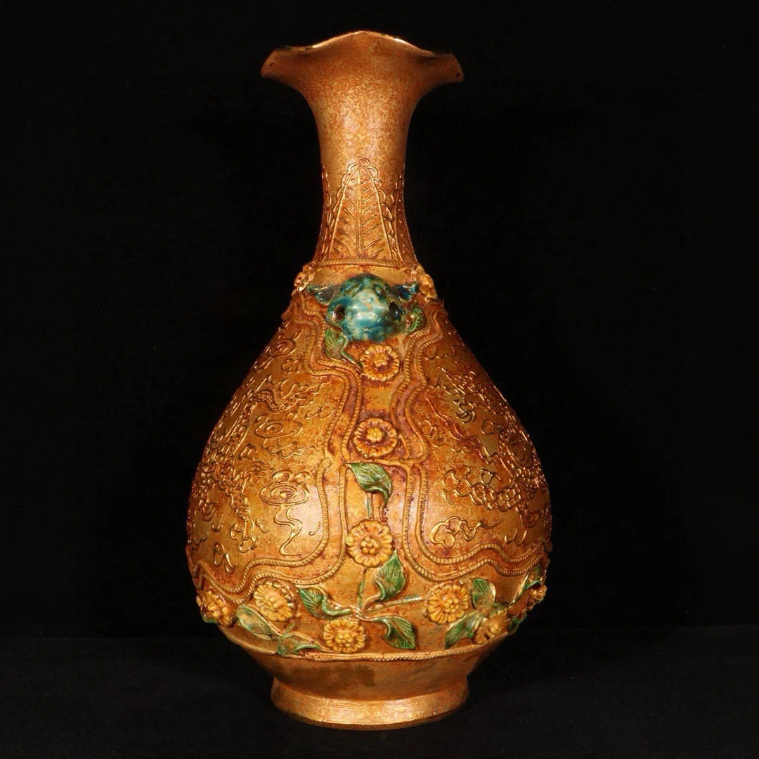 A Rare Jizhou yao Yellow Glazed Auspicious Cloud and Dragon Pattern Beast-Ears Vase