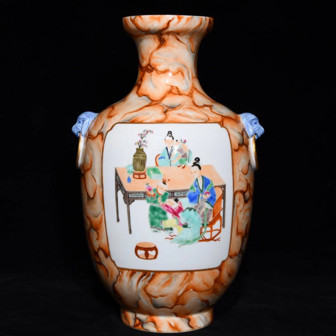 A Rare Marble Glazed Figure and Story Pattern Beast-Ears Vase