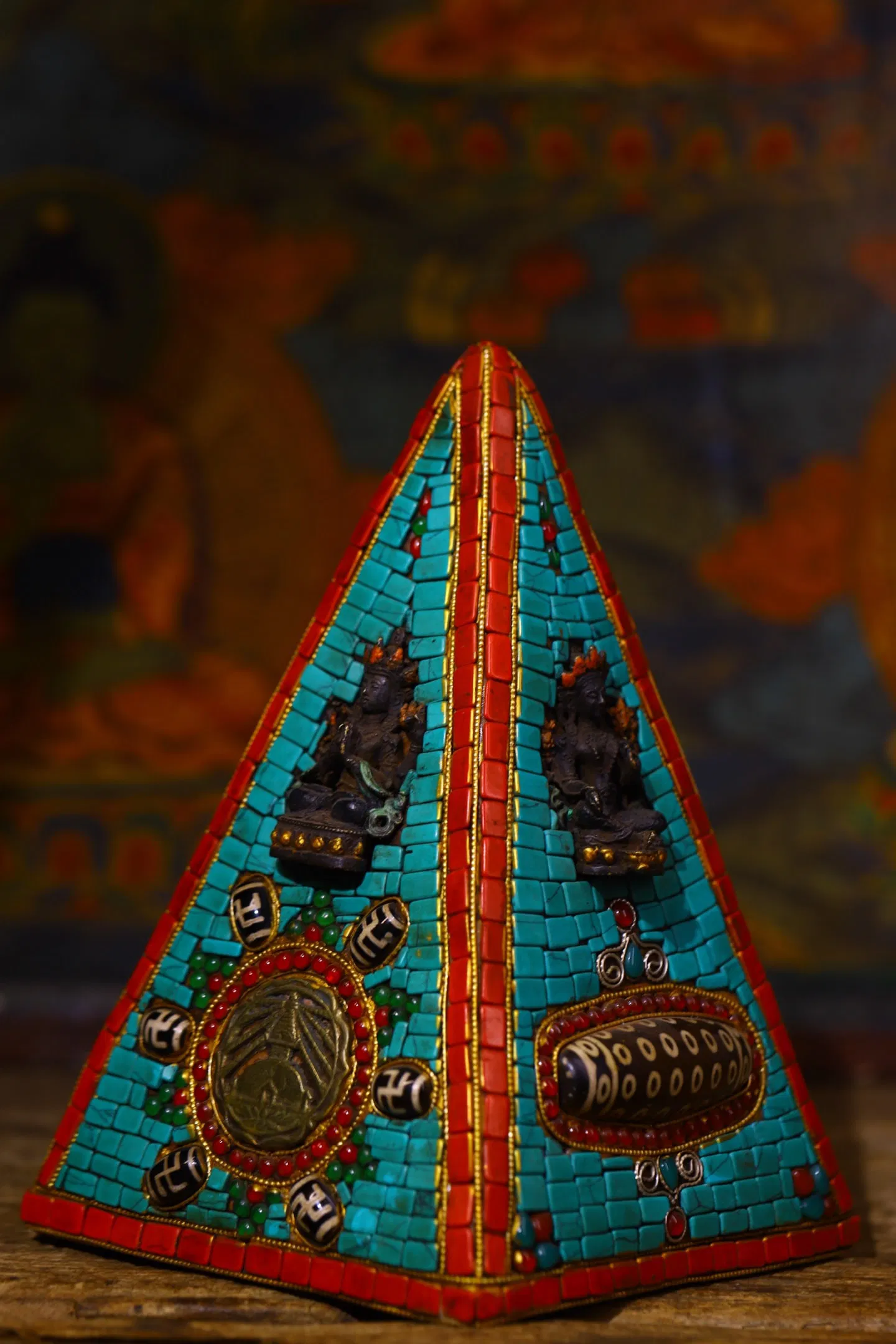 A Rare Meteorite Inlaid Dzi Bead and Turquoise Pagoda