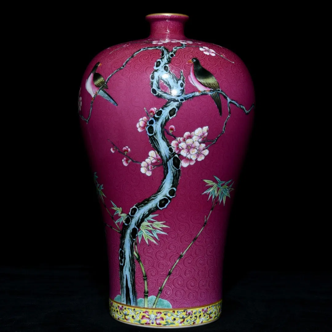 A Rare Ruby Red Glazed Famille-Rose Flower and Bird Pattern Vase