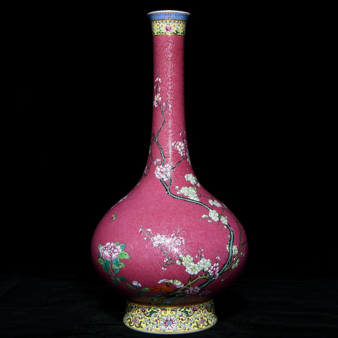 A Rare Ruby Red-Ground Enamel Painted Gold Flower Pattern Vase,With Poem