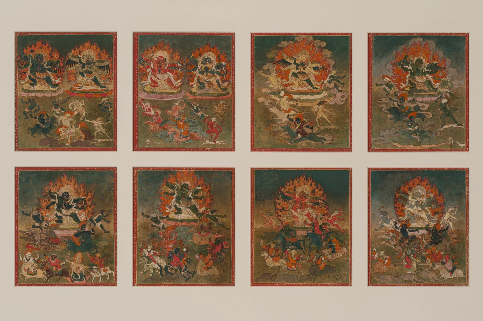 A RARE SET OF EIGHT MINIATURE THANGKA DEPICTING THE TEN WRATHFUL KINGS, TIBET, 17TH-18TH CENTURY
