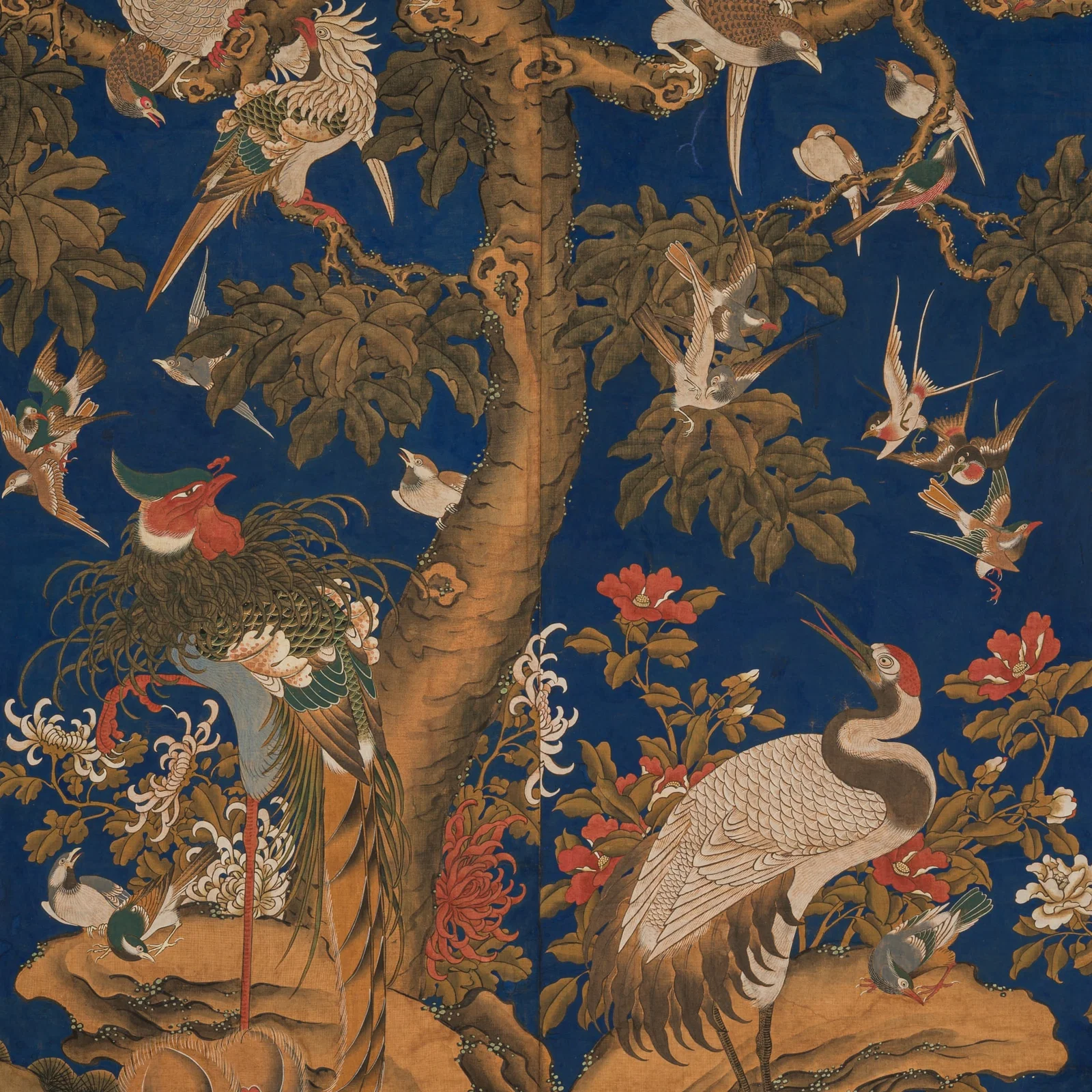 A RARE SET OF FOUR LAPIS LAZULI-GROUND WALLPAPER PANELS WITH 'HUNDRED BIRDS WORSHIPING THE PHOENIX'