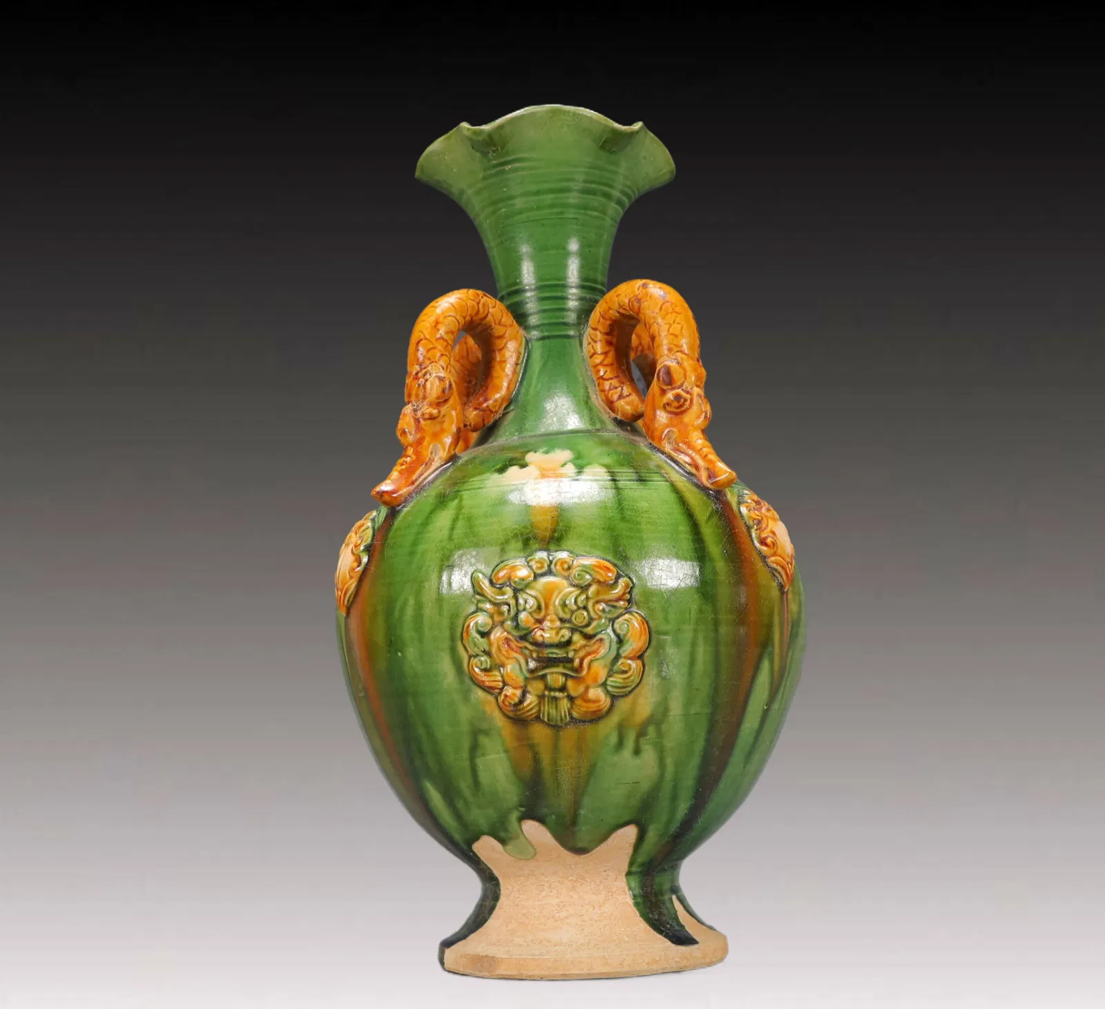 A Rare Tang Tri-Color Glazed Pottery Beast-Face Pattern Dragon-Ears Vase