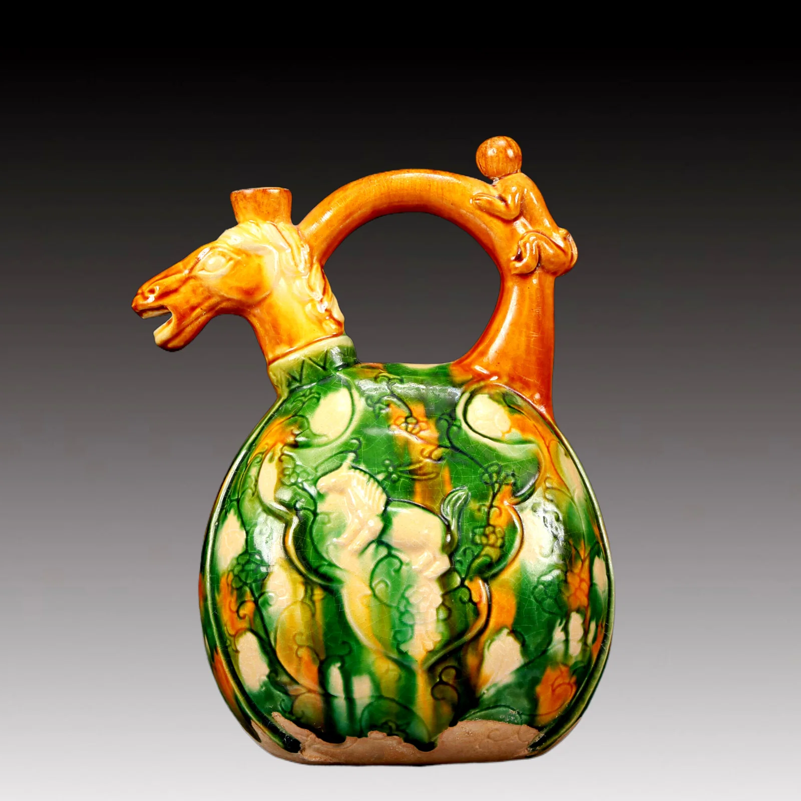 A Rare Tang Tri-Color Glazed Pottery Horse Head Ewer
