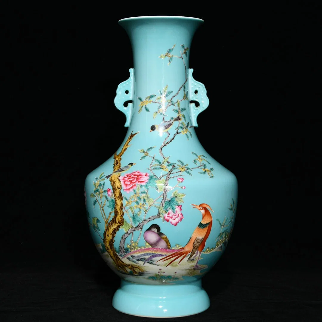 A Rare Turquoise Glazed Famille-Rose Flower and Bird Pattern Double-Ears Vase,With Poem