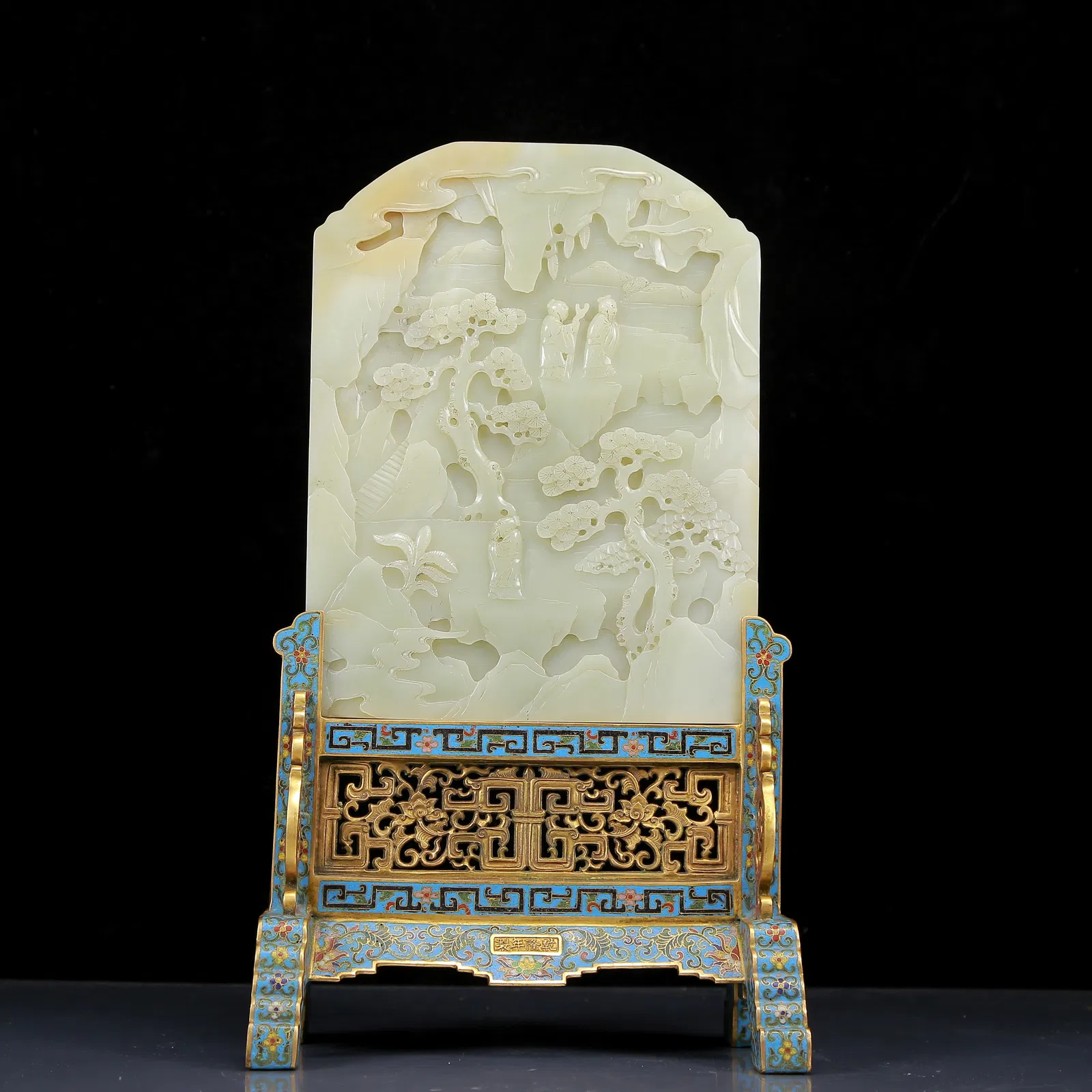 A Rare White Jade Landscape and Figure Pattern Table Screen with Cloisonne Base
