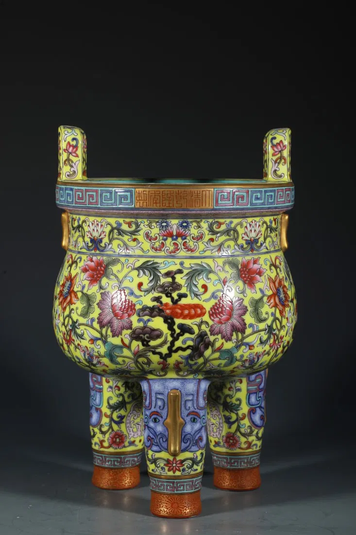 A Rare Yellow Ground Enamel Painted Gold Lotus Pattern Double-Ears Tripod Censer