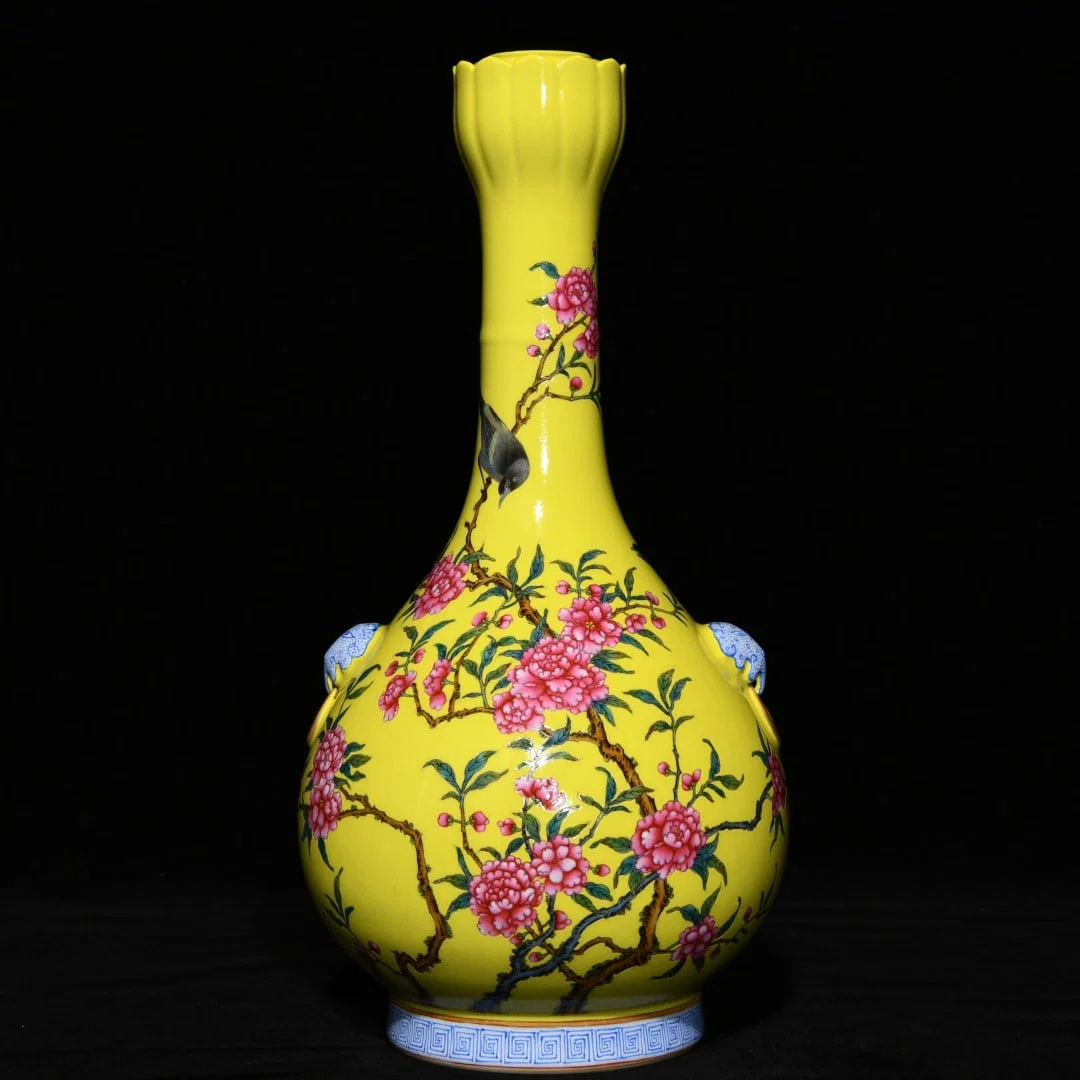 A Rare Yellow Ground Famille-Rose Flower and Bird Pattern Beast-Ears Vase,with poem