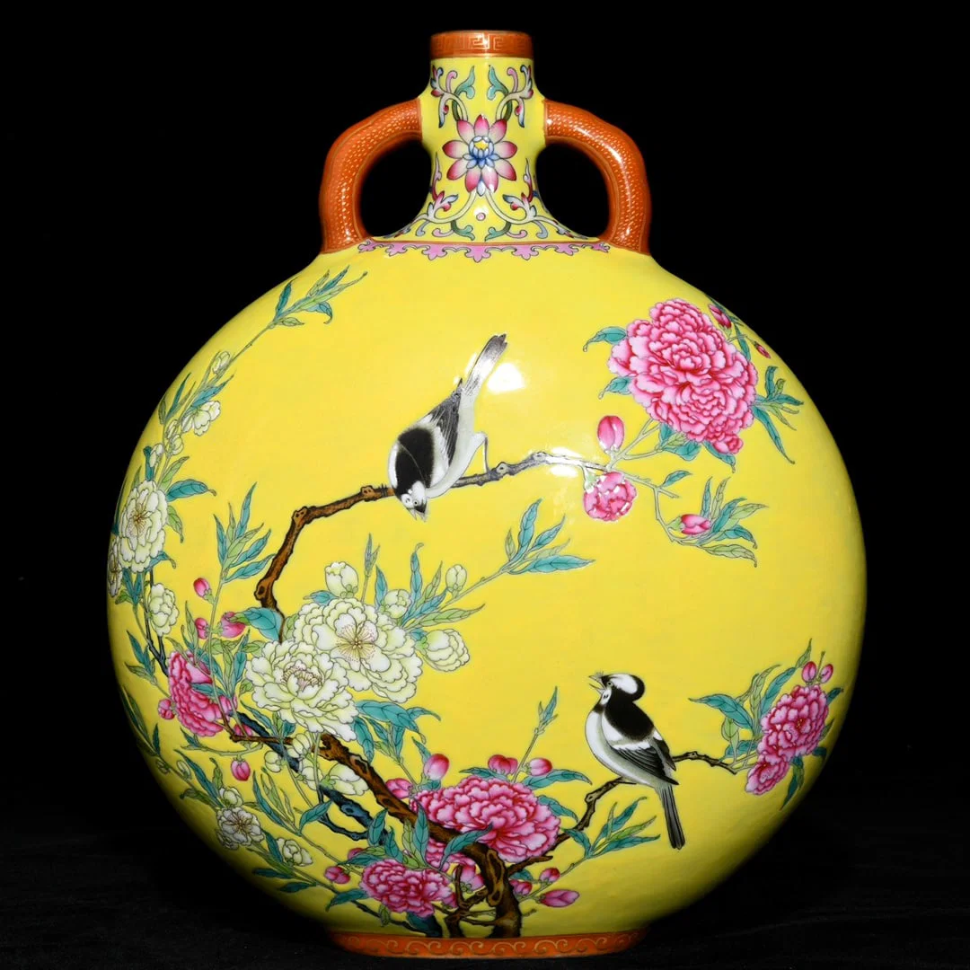 A Rare Yellow Ground Famille-Rose Painted Gold Flower and Bird Pattern Double-Ears Vase