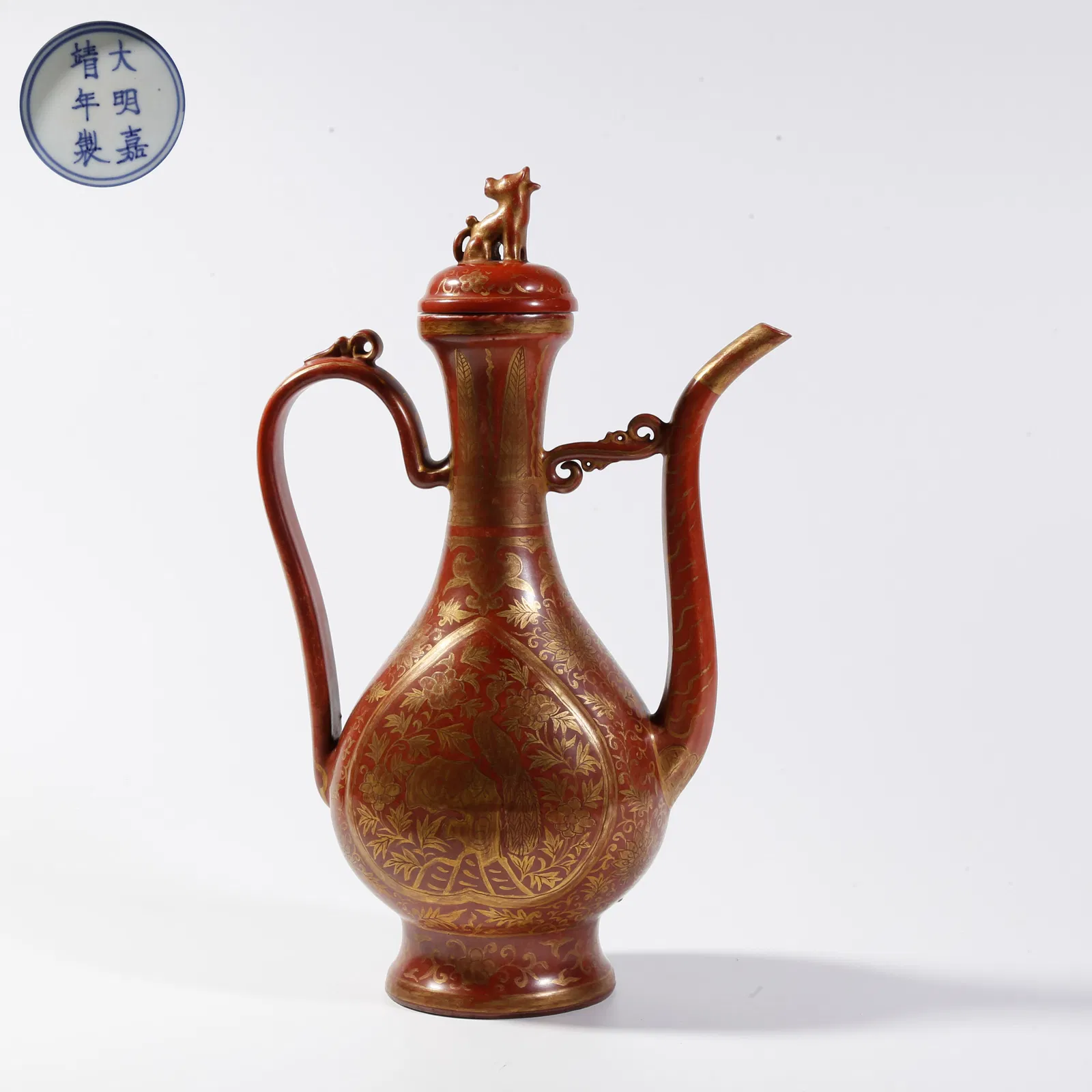 A RED-GROUND GILT BIRD-AND-FLOWER EWER