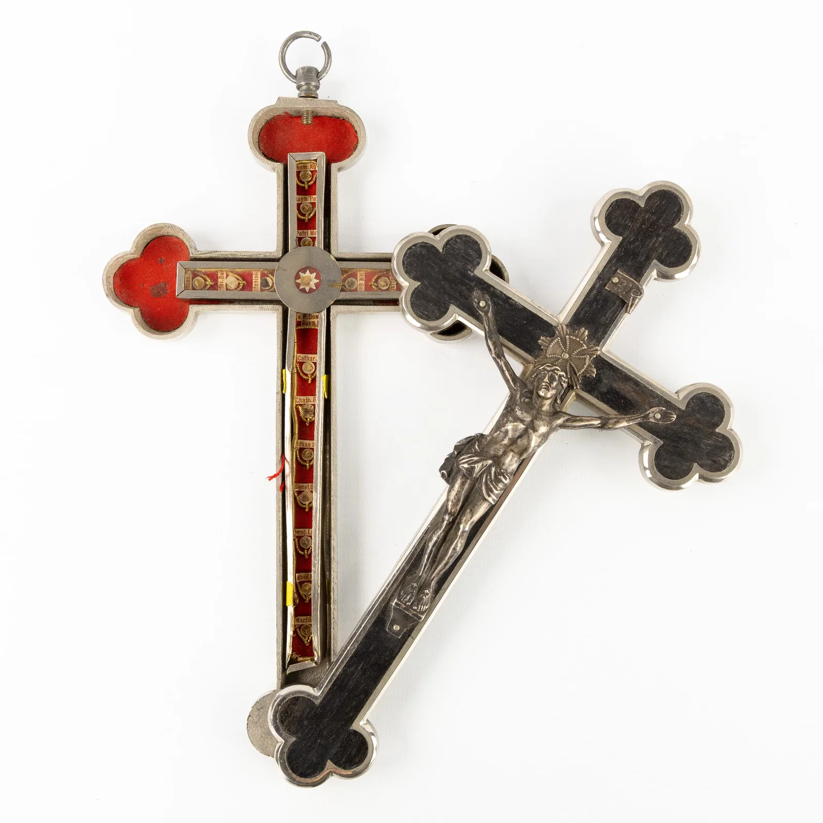 A Reliquary crucifix with a theca with relics for the True Cross and Saints.