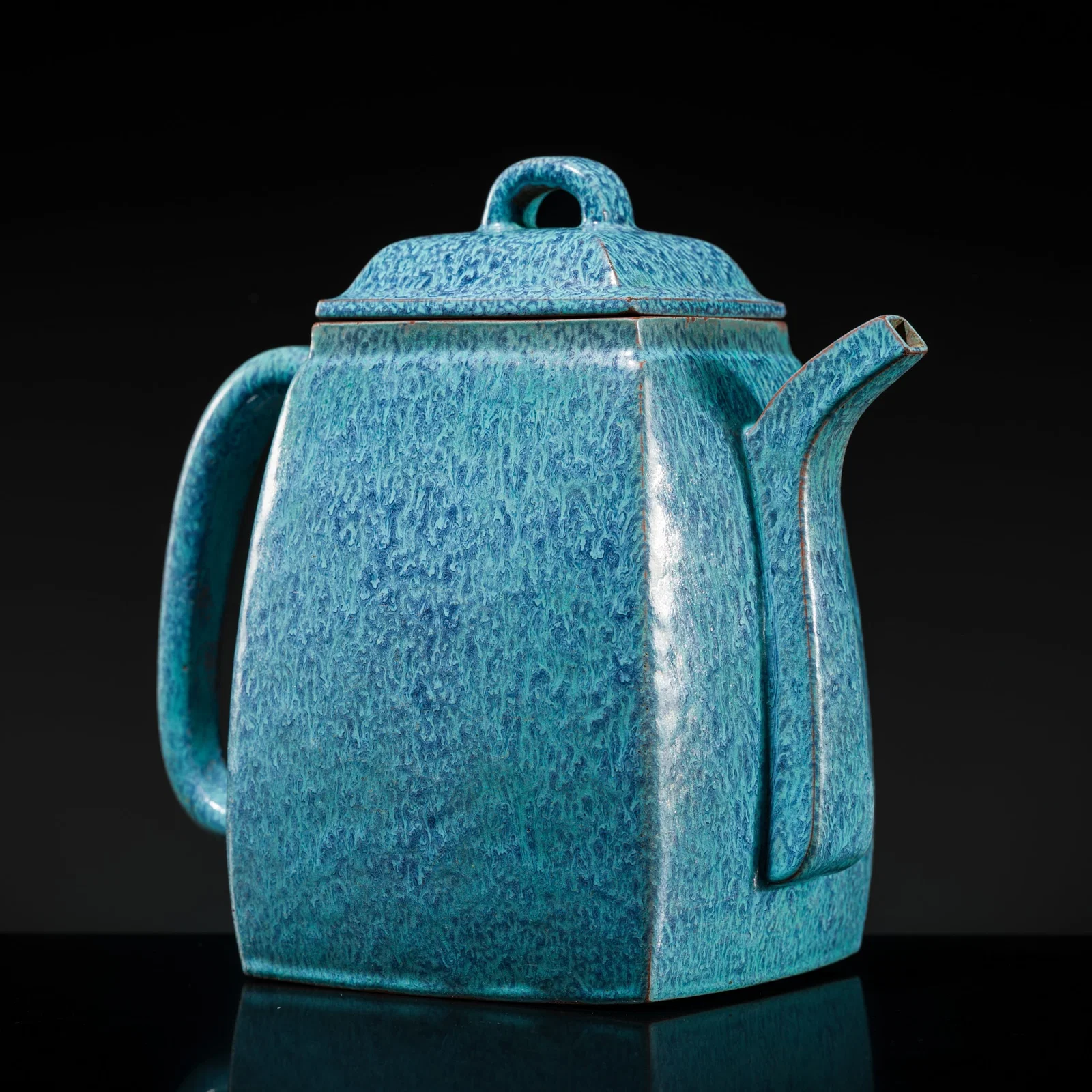 A 'ROBIN'S EGG' GLAZED YIXING TEAPOT AND COVER, HANFANGHU, 18TH CENTURY