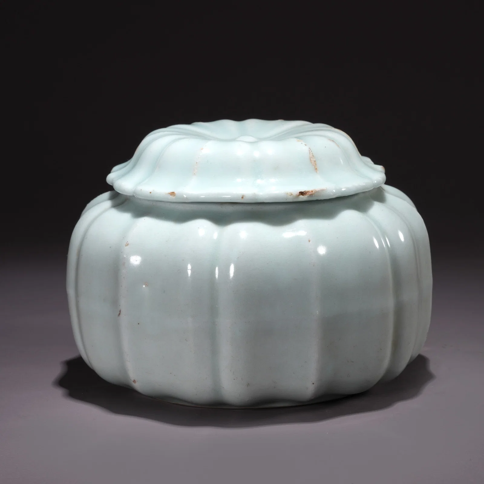 A RU KILN MELON-RIBBED COVERED JAR