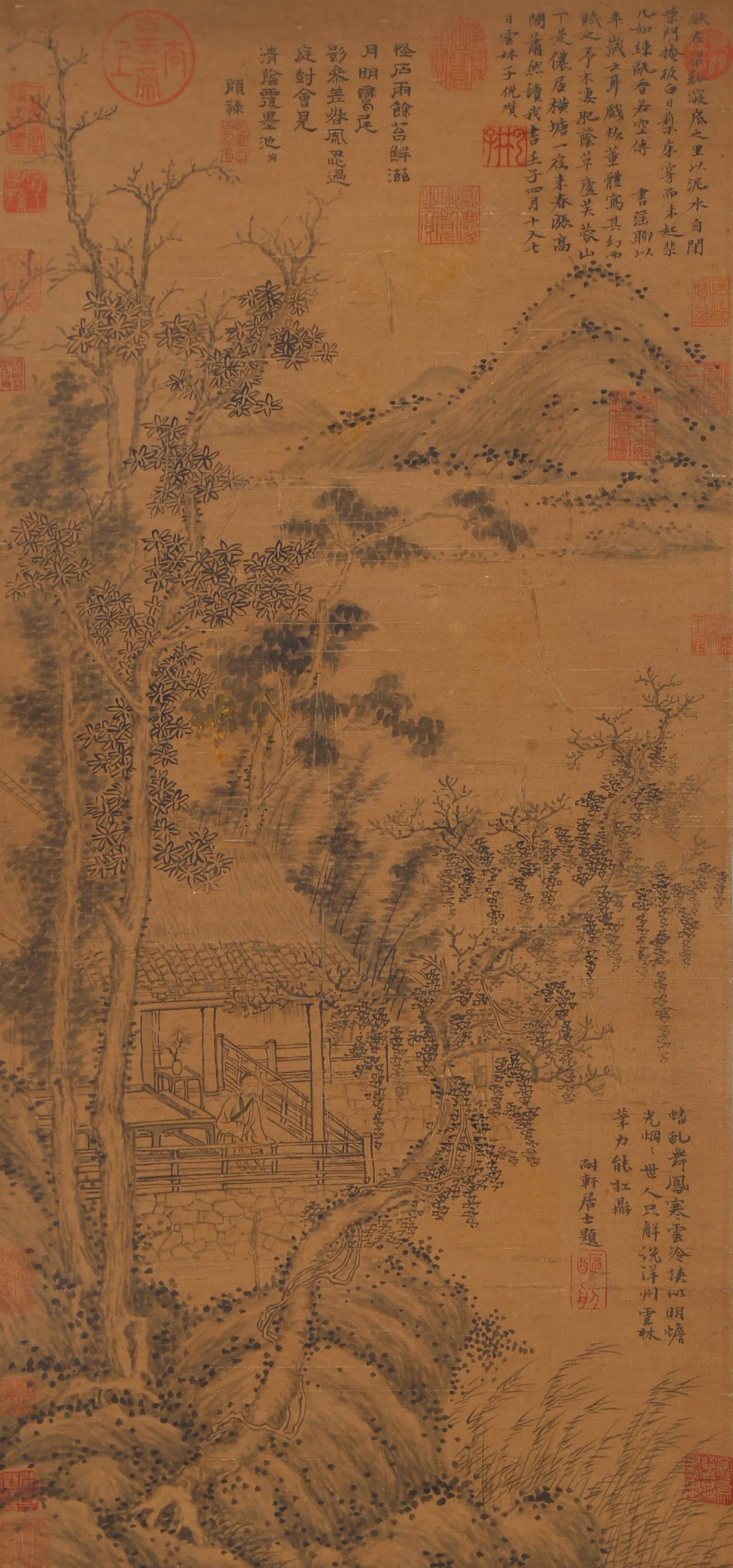 A SCHOLAR IN MOUNTAIN FOREST PAINTING ON SILK BY NI ZAN.倪瓚