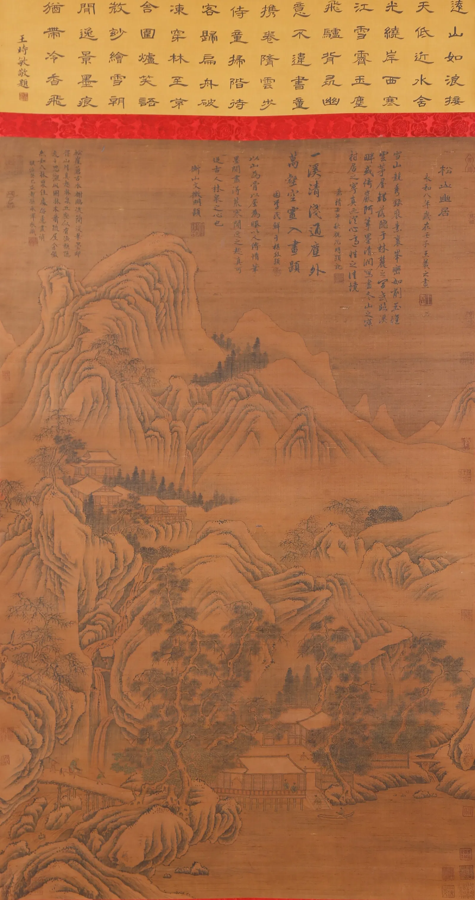 A SECLUDED DWELLING IN PINE MOUNTAINS LANDSCAPE PAINTING ON SILK BY WANG XIZHI.王羲