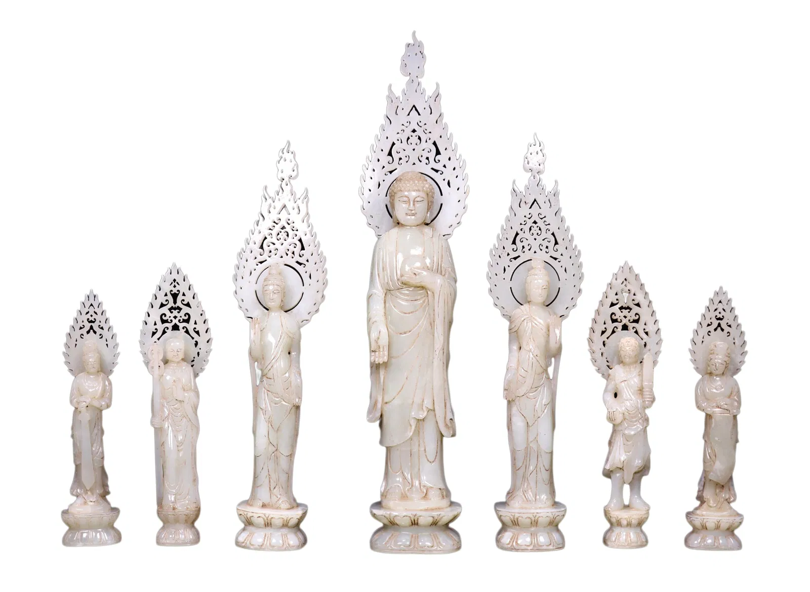 A Set 7 Vintage Hetian Jade Hand-Carved Buddha Statues