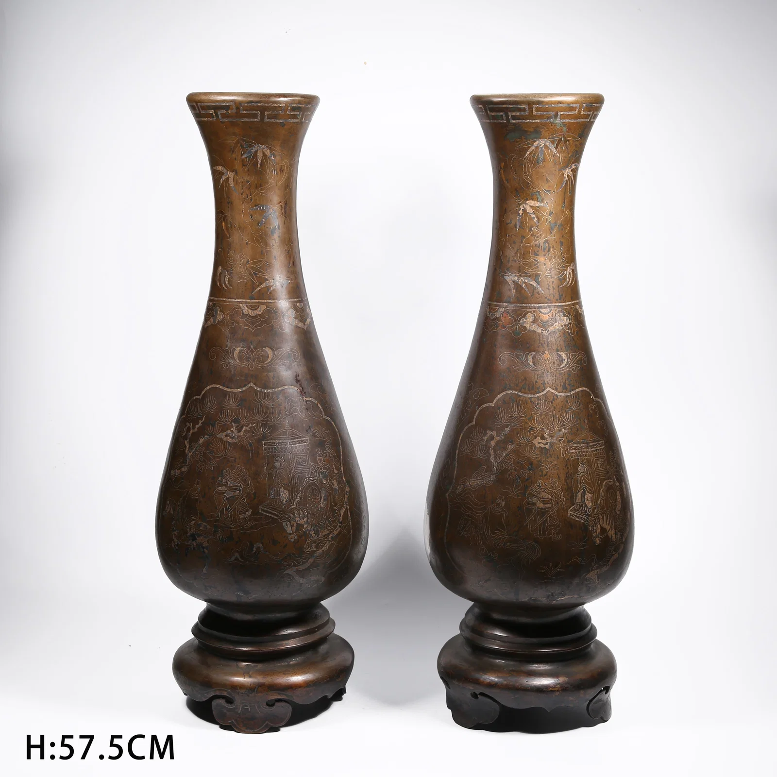 A SET OF BRONZE VASES WITH INLAID SILVER WARRIOR STORY SCENES