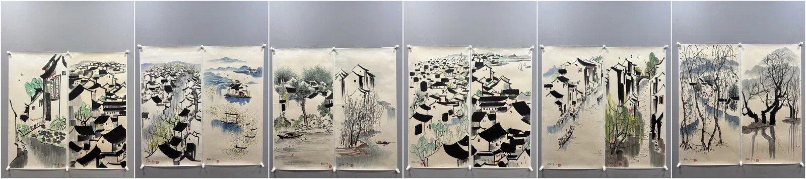 A Set of Chinese Ink Painting of Landscape on Paper