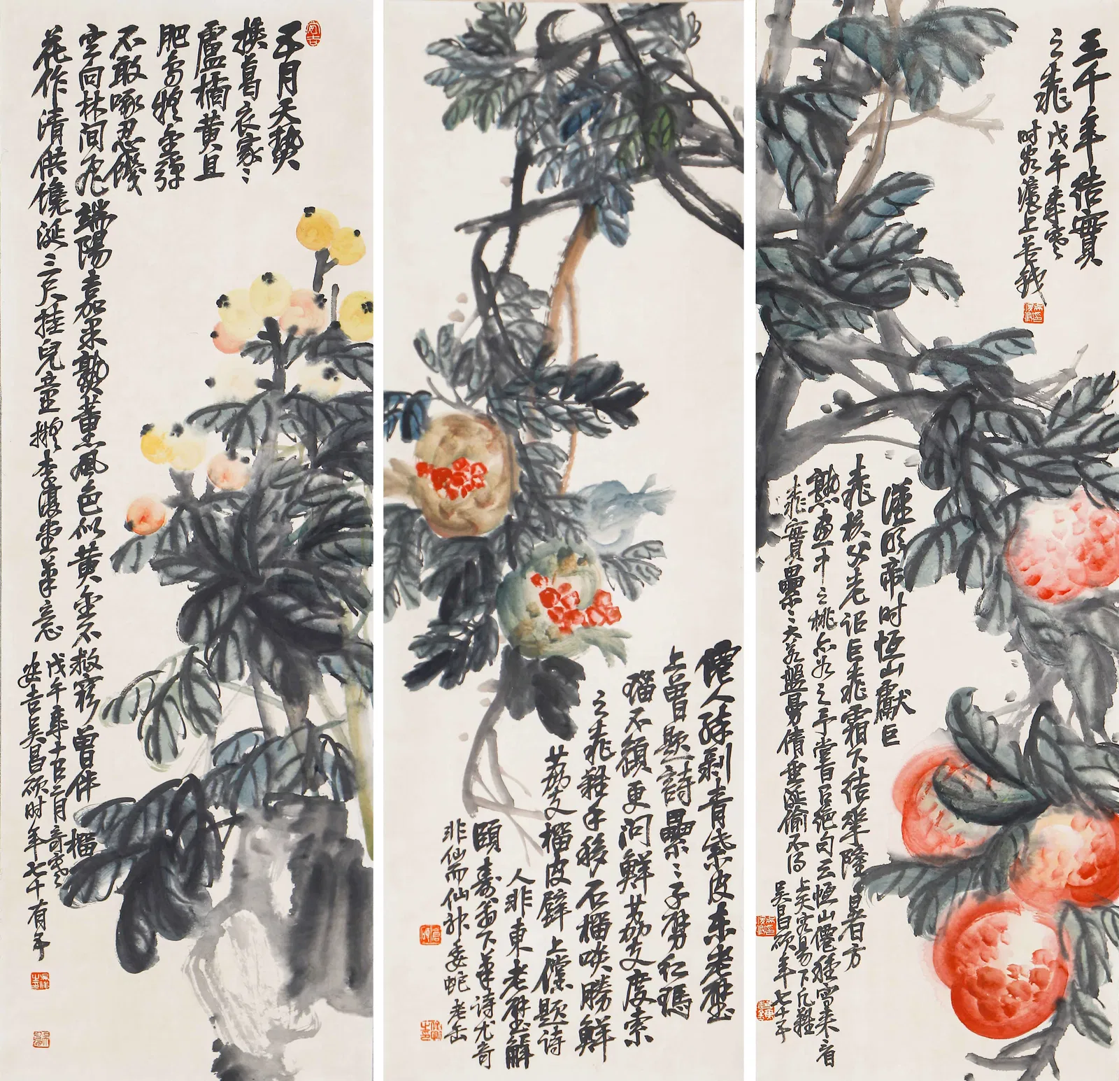 A SET OF CHINESE PAINTINGS OF FRUITS SIGNED WU CHANGSHUO