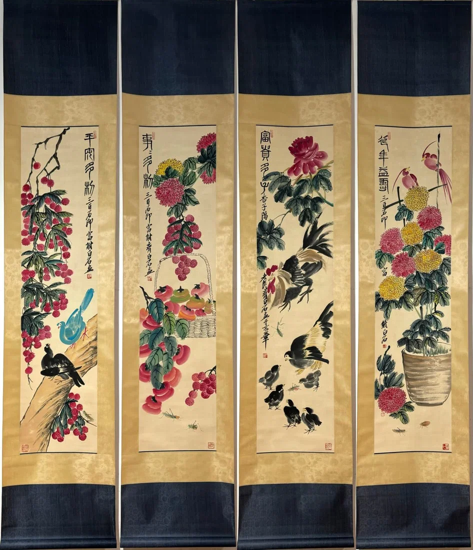 A Set of Chinese Vertical Scroll Ink Painting of Flower,Fruit and Bird on Paper,Qi Baishi