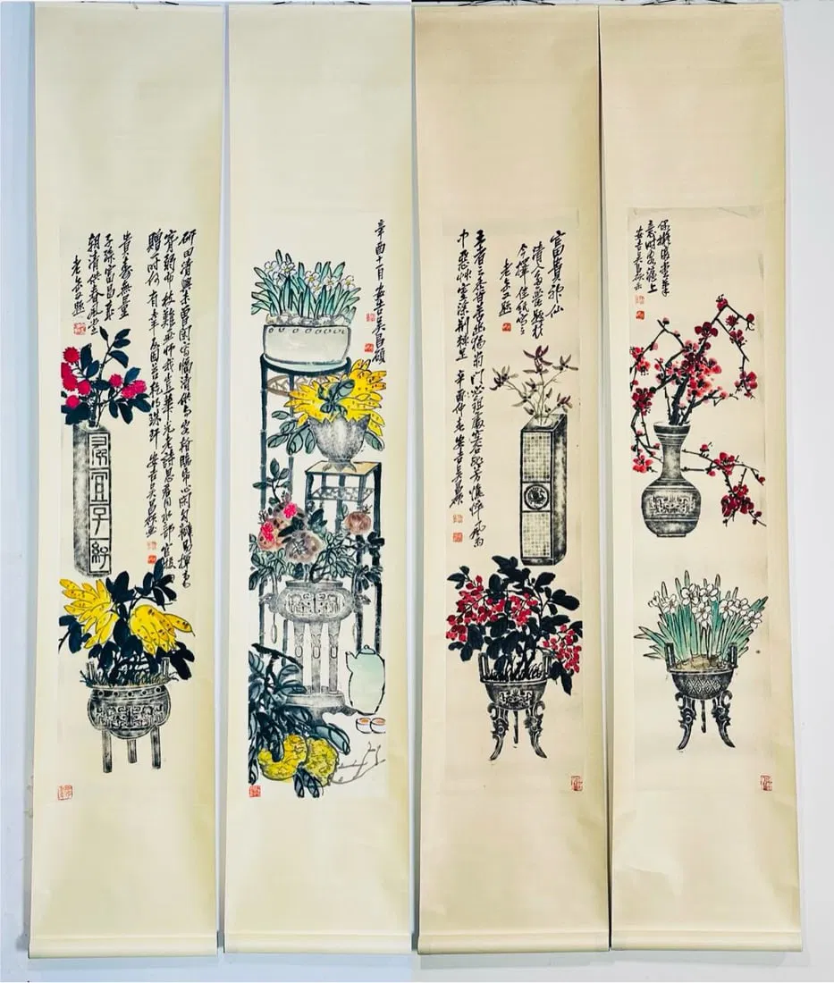 A Set of Chinese Vertical Scroll Ink Painting of Flower on Paper