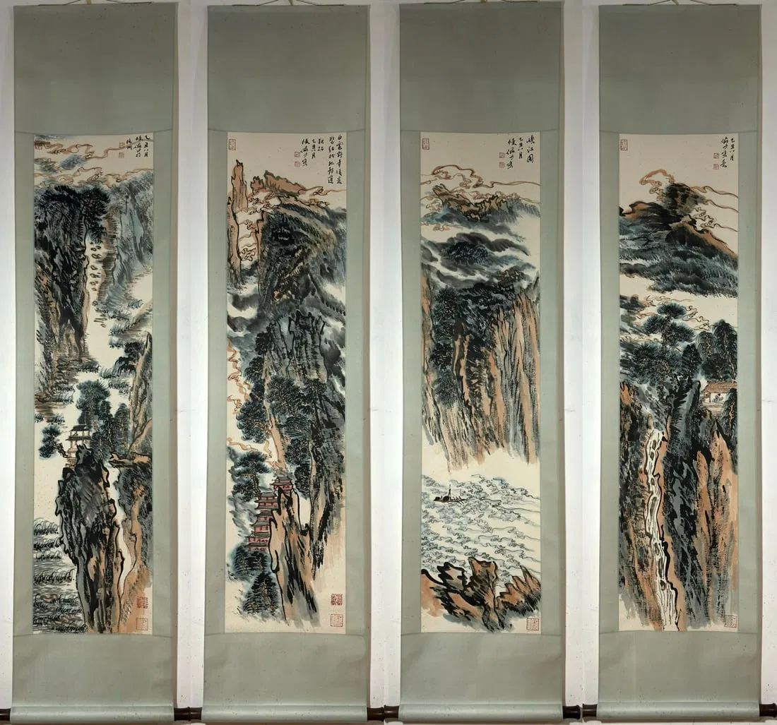 A Set of Chinese Vertical Scroll Ink Painting of Landscape on Paper,Lu Yanshao