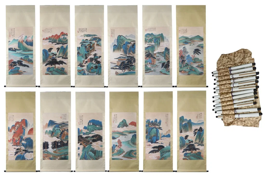 A Set of Chinese Vertical Scroll Ink Painting of Landscape on Paper