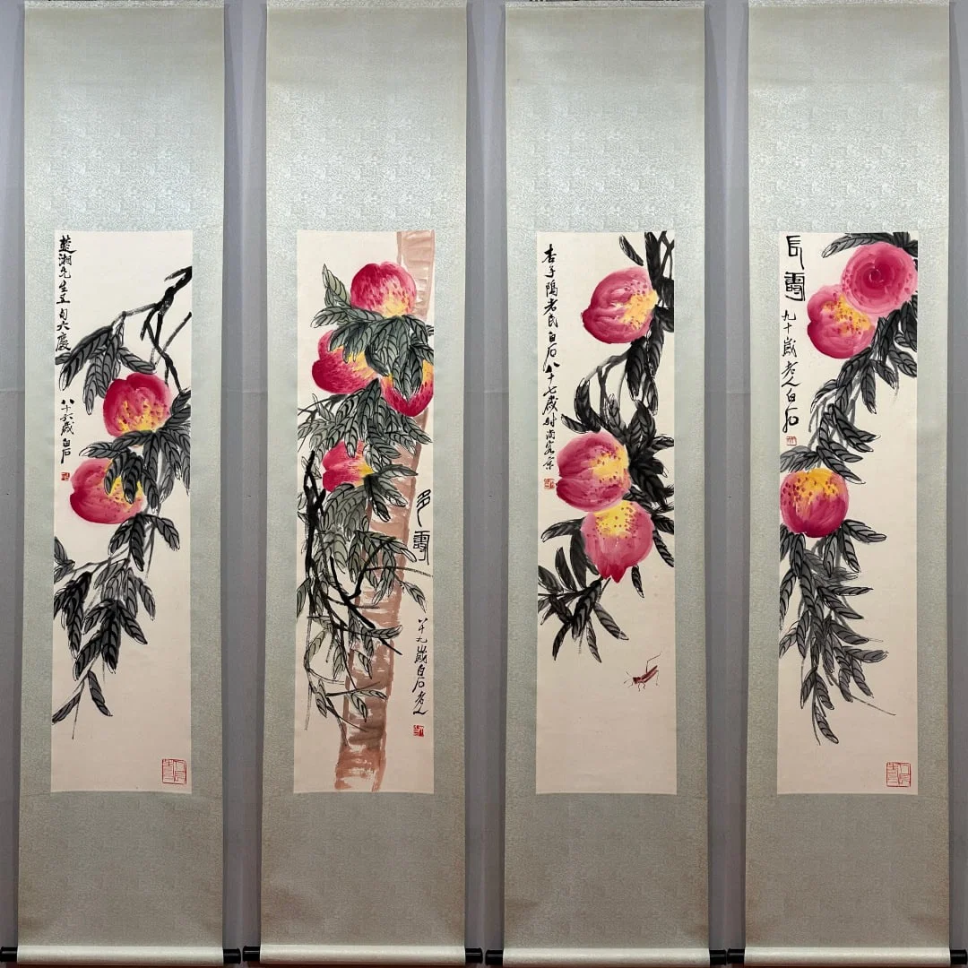 A Set of Chinese Vertical Scroll Ink Painting of Peach on Paper