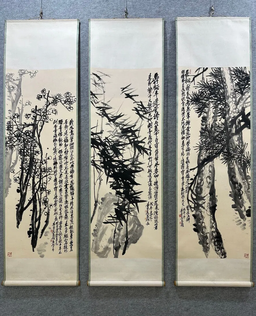 A Set of Chinese Vertical Scroll Ink Painting of Pine,Bamboo and Plum Blossom on Paper