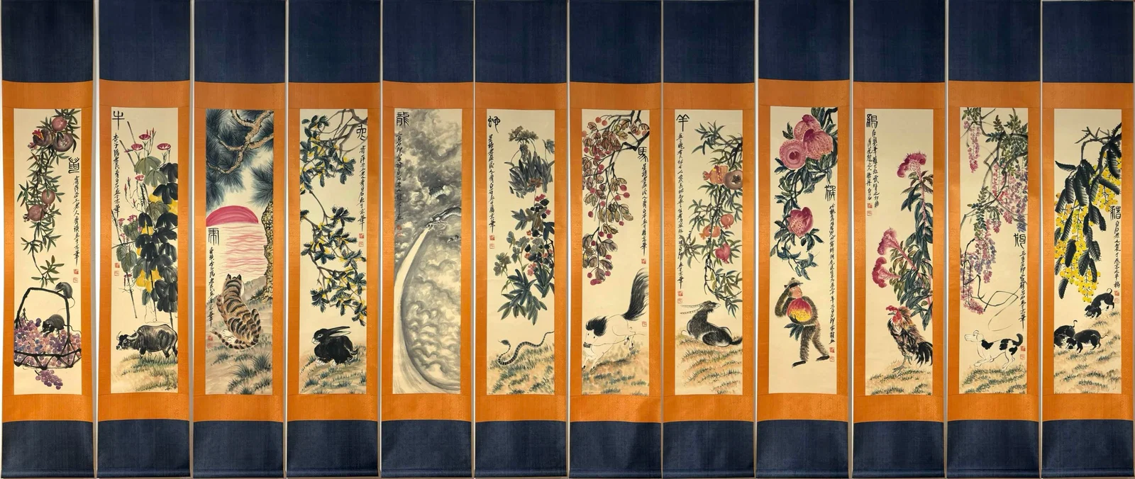 A Set of Chinese Vertical Scroll Ink Painting of the Twelve Chinese Zodiac Signs on Paper