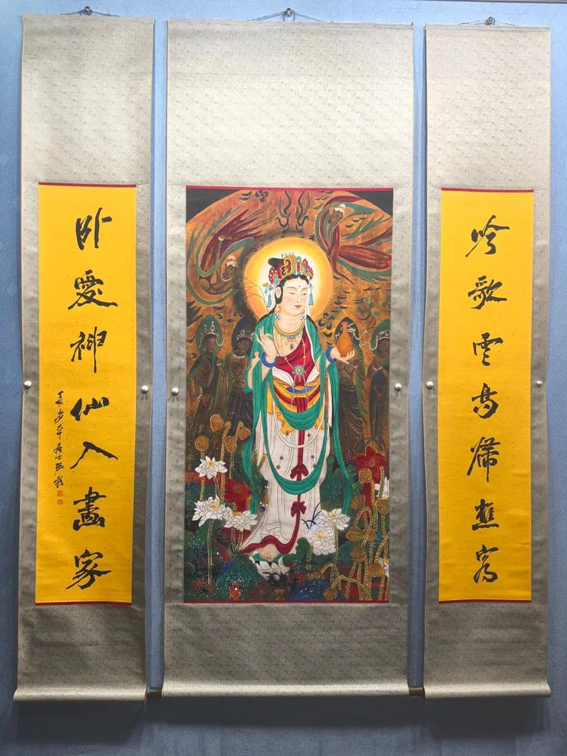 A Set of Chinese Vertical Scroll Ink Statue of Avalokitesvara on Paper