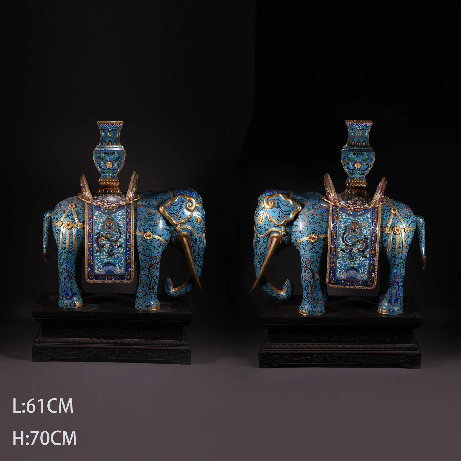 A SET OF CLOISONNÉ ENAMEL ELEPHANT INCENSE BURNERS WITH CLOUD AND DRAGON MOTIFS ON BRONZE BODY,
