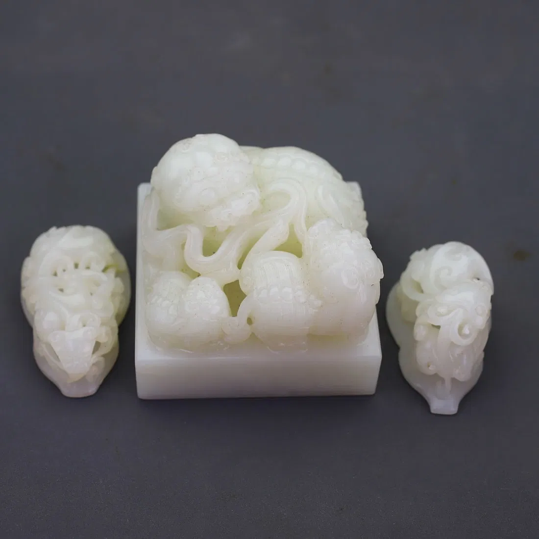 A Set of Exquisite Hetian Jade Carved Auspicious Beast Seal