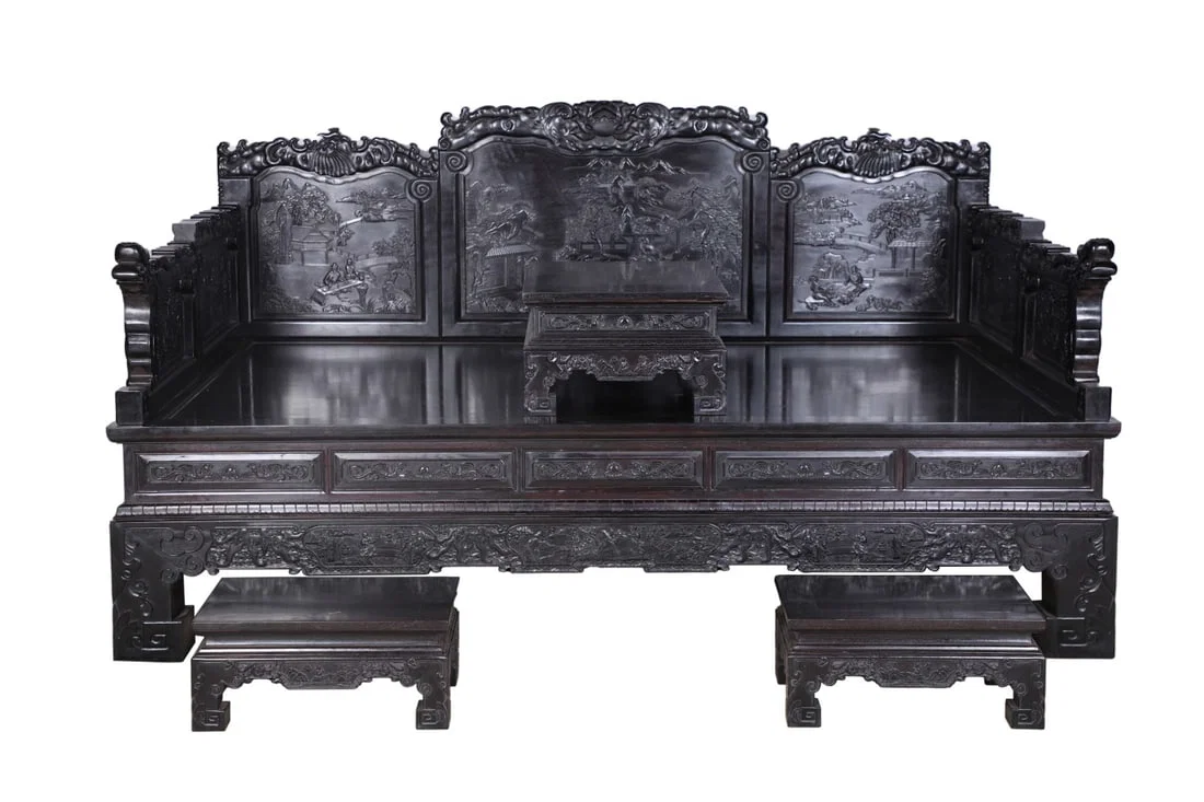 A Set of Exquisite Zitanwood Landscape Pattern Statue of Arhat bed