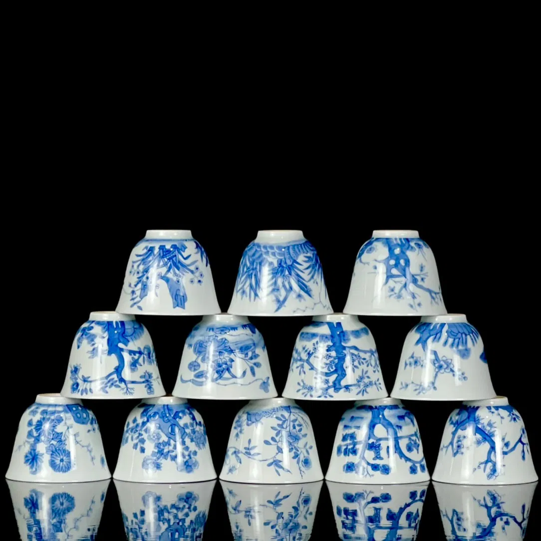 A Set of Fine Blue and White Flower Pattern Cups,With Poem