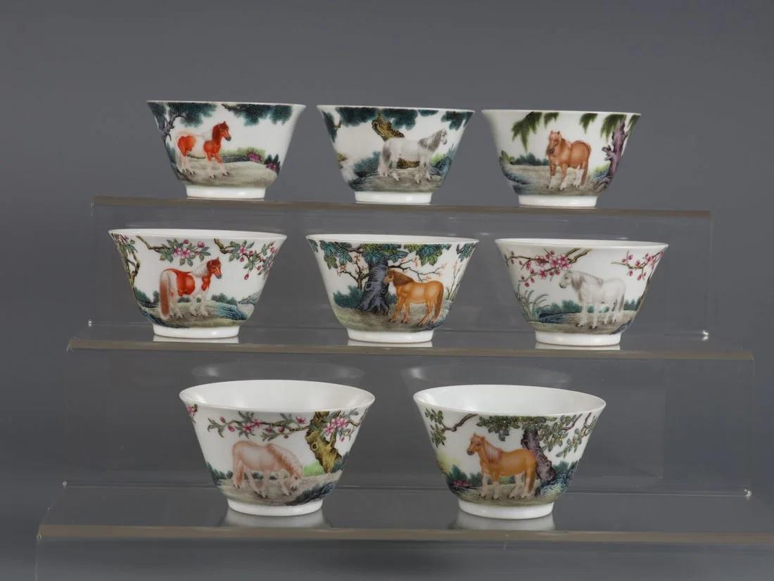 A Set of Fine Enamel Horse Pattern with poem Cup