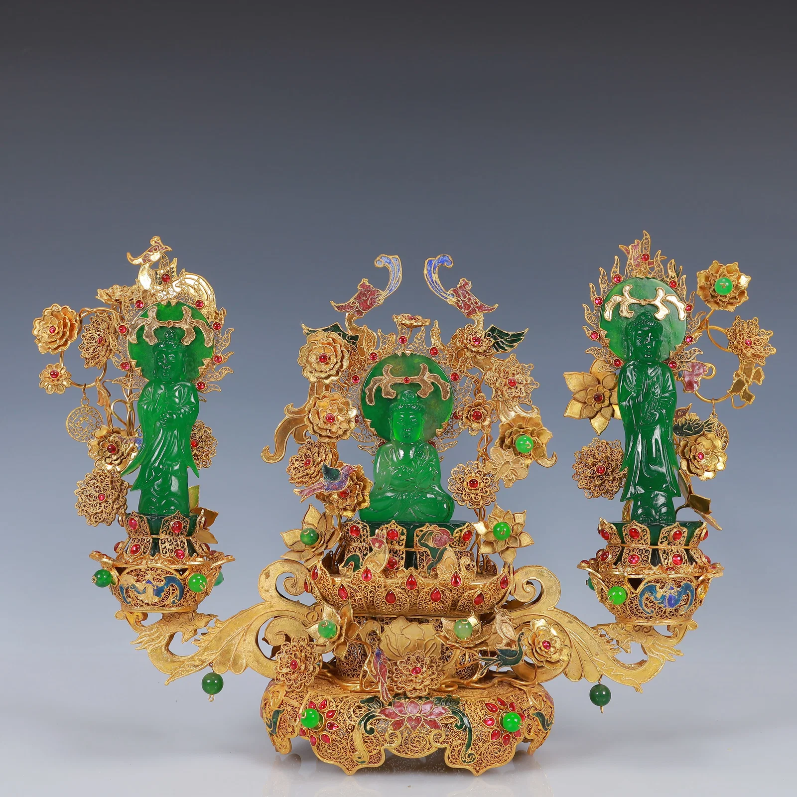 A Set of Fine Filigree and Gilding Inlaid Jadeite Statues of Avalokitesvara,Inlaid Gems