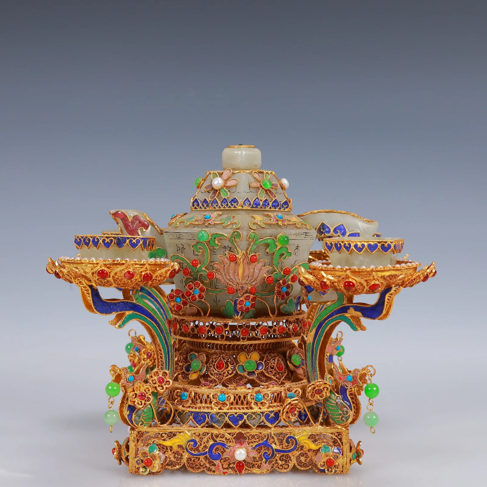 A Set of Fine Filigree and Gilding Inlaid White Jade Teapots,Inlaid Gems