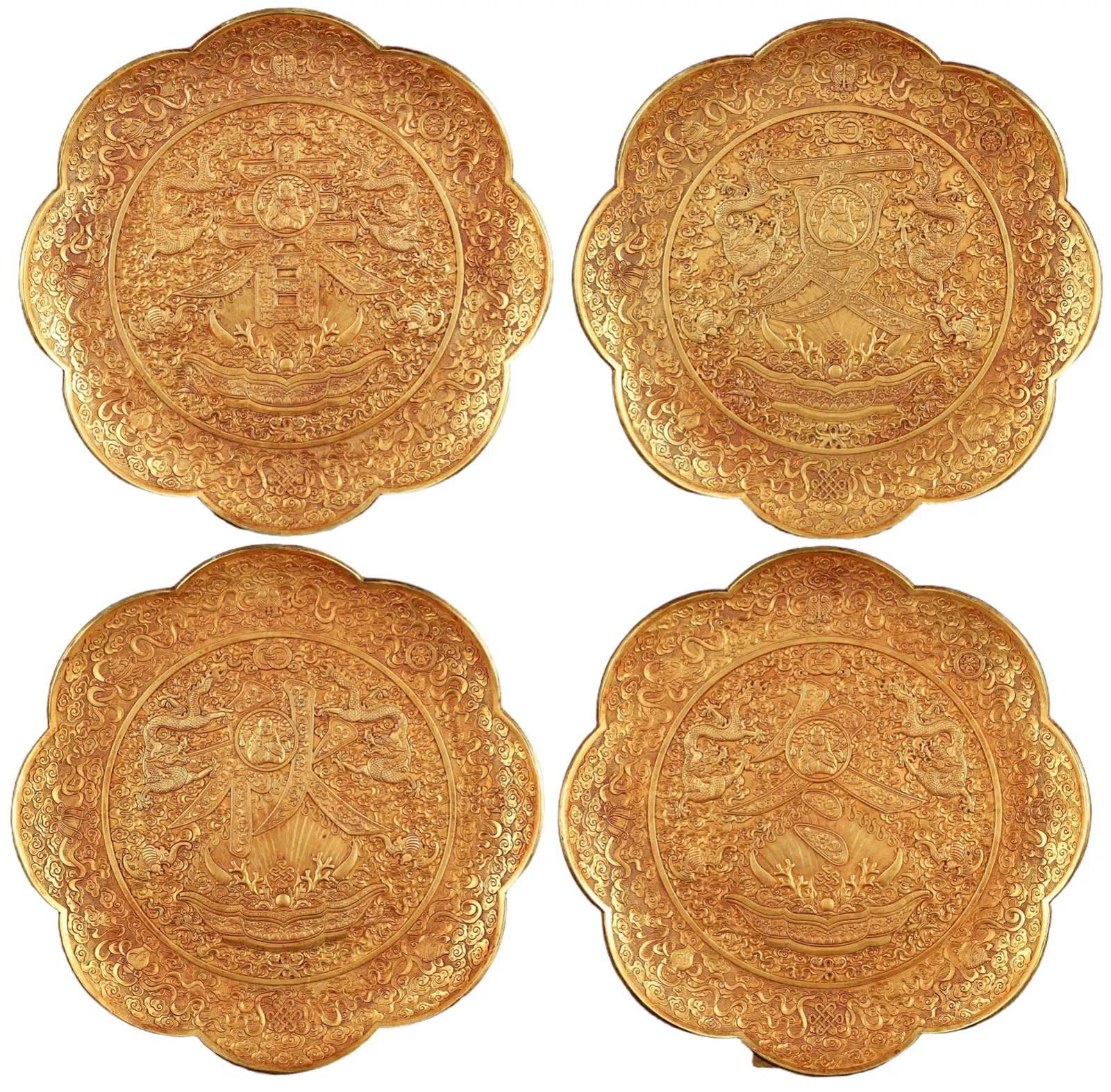 A Set of Fine Gilt Bronze Eight Treasures and Dragon Pattern Plates